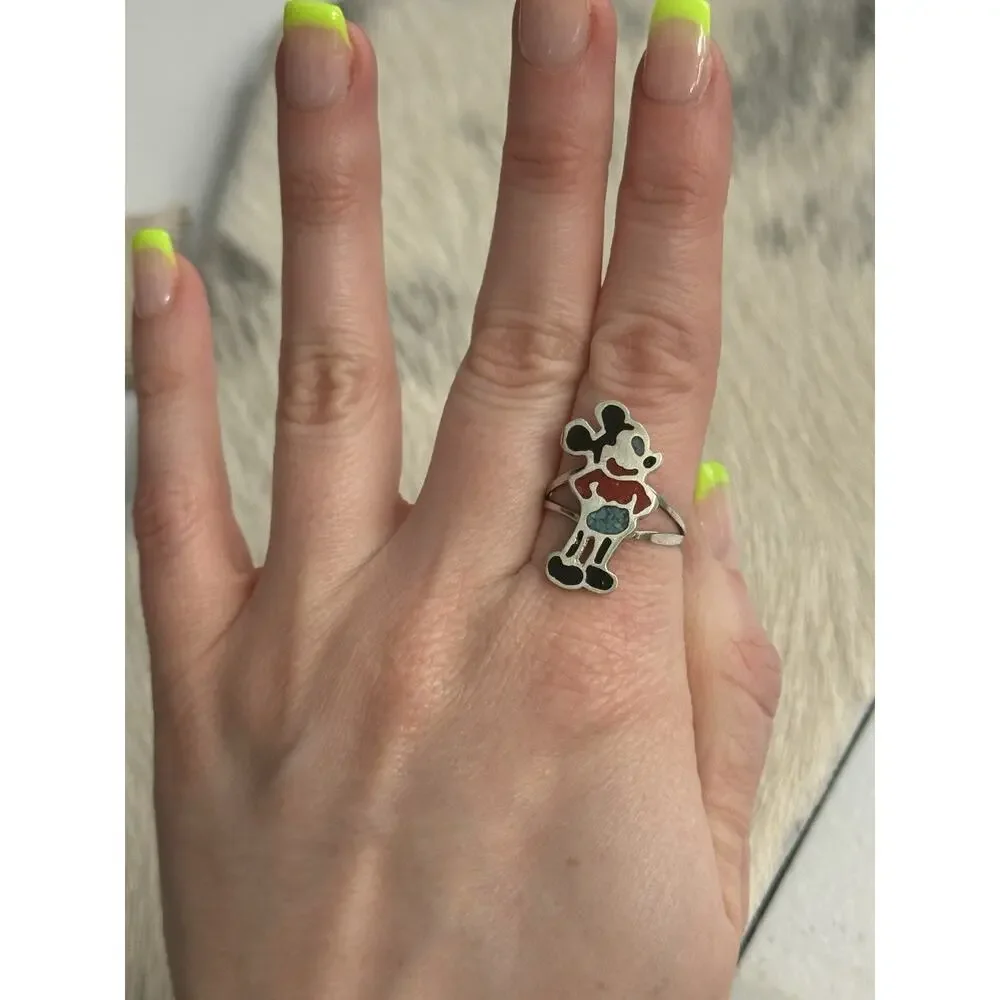 Sterling Silver Crushed Inlay Mickey Mouse Character Ring Turquoise Coral Onyx